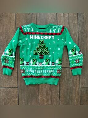 Minecraft Creeper Mojang Kids Green Holiday Sweater 6-7 yrs